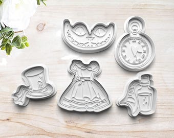 Wonderland Cookie Cutter Set | Alice | Clay Fondant Stamp Embosser | Cheshire Cat | Drink Me | Polymer Clay | 3D Printed | Customizable