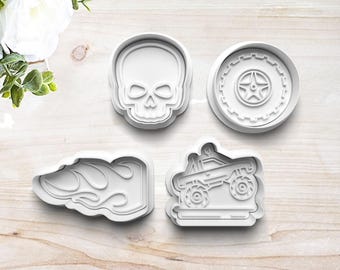 Monster Truck Cookie Cutter Set | Clay Fondant Stamp Embosser | Gift for Monster Truck Lover | Skull Fire | 3D Printed | Customizable