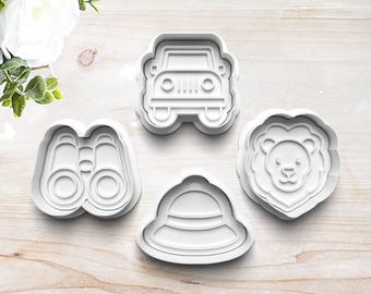 Safari Cookie Cutter Set | Clay Fondant Stamp Embosser | Gift for Safari Lover | Lion | Binoculars | 3D Printed | Customizable