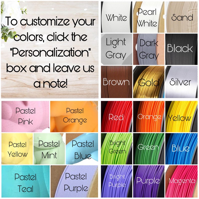 May include: A color chart showing various filament colors for 3D printing. The colors include white, light gray, dark gray, black, brown, gold, silver, pastel pink, pastel orange, red, orange, yellow, pastel yellow, pastel mint, pastel blue, bright green, green, blue, pastel teal, pastel purple, bright purple, purple, and magenta.