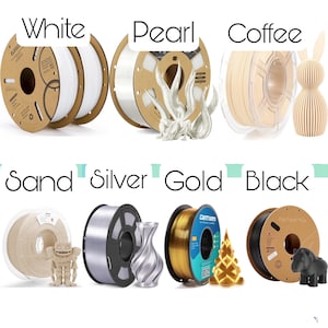 May include: Assortment of 10 spools of filament for 3D printing in various colors, including white, pearl, coffee, sand, silver, gold, and black. Each spool is labeled with the color name.