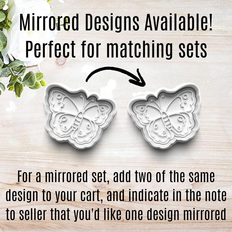 May include: Two white plastic butterfly cookie cutters. The cookie cutters are mirrored images of each other. The text "Mirrored Designs Available! Perfect for matching sets" is at the top of the image.