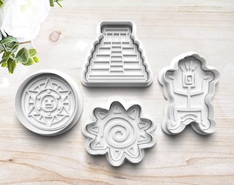 Mayan Symbols Cookie Cutter Set | Polymer Clay Fondant Stamp | Embosser | Mayan Calendar | Pyramid | Deity | Sun | Aztec | Customizable