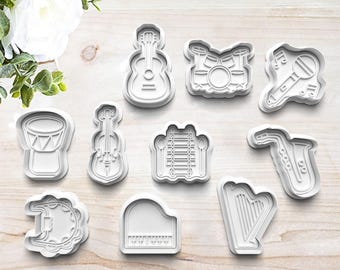 Instrument Cookie Cutter Set | Polymer Clay Fondant Stamp | Embosser | Gift for Musician | Guitar | Violin | Saxophone | Music |Customizable