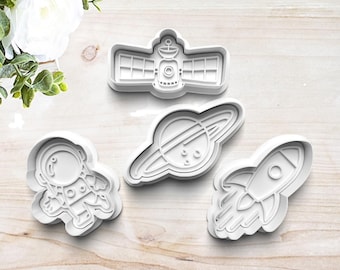 Outer Space Cookie Cutter Set | Polymer Clay Fondant Stamp Embosser | Astronaut Rocket Ship Satellite Planet Saturn | Party Supplies