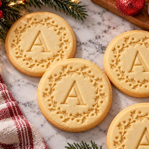 May include: Four round, light-colored sugar cookies, each featuring a central embossed letter A surrounded by a detailed, circular floral wreath pattern. The cookies have a smooth, baked texture and are arranged on a light, mottled surface.