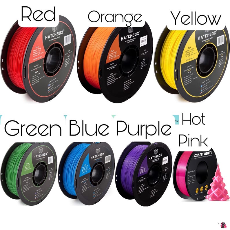 May include: Spools of filament in various colors, including red, orange, yellow, green, blue, purple, and hot pink. The spools are labeled with the brand name "Hatchbox" and "Giantarti".
