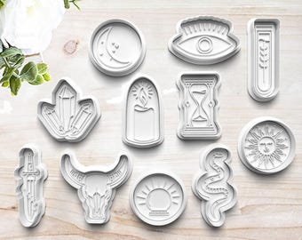 Tarot Mystic Cookie Cutter Set | Polymer Clay Fondant Stamp | Embosser | Evil Eye | Crystal | Skull | Serpent | Sun | Hourglass Customizable