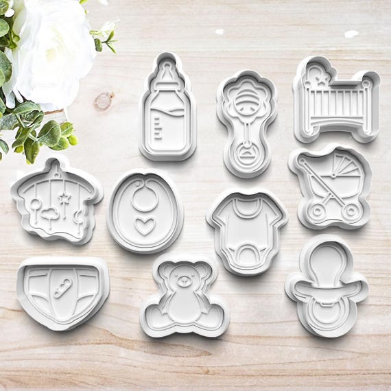 Baby Cookie Cutter Set | Shower | Bottle | Clay Fondant Stamp | Bib | Rattle | Onesie | Pacifier | Bear | Diaper | 3D Printed | Customizable