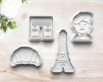 Paris Cookie Cutter Set | Clay Fondant Stamp Embosser | Eiffel Tower | Gift for Paris Lover | Croissant | Arc De Triumph | Gift for Baker