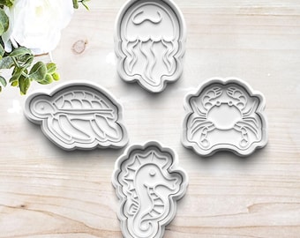 Under the Sea Cookie Cutter Set | Jellyfish | Clay Fondant Stamp | Crab | Polymer Clay | 3D Printed | Sea Turtle | Seahorse | Custom