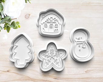 Christmas Cookie Cutter Set | Clay Fondant Stamp | Gingerbread House | Christmas Tree | Snowman | 3D Printed | Customizable