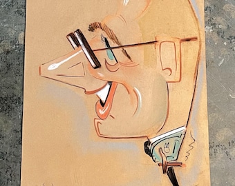 Mid Century Modern Style 1970's Caricature Portrait Chalk Drawing Signed 1975 Art