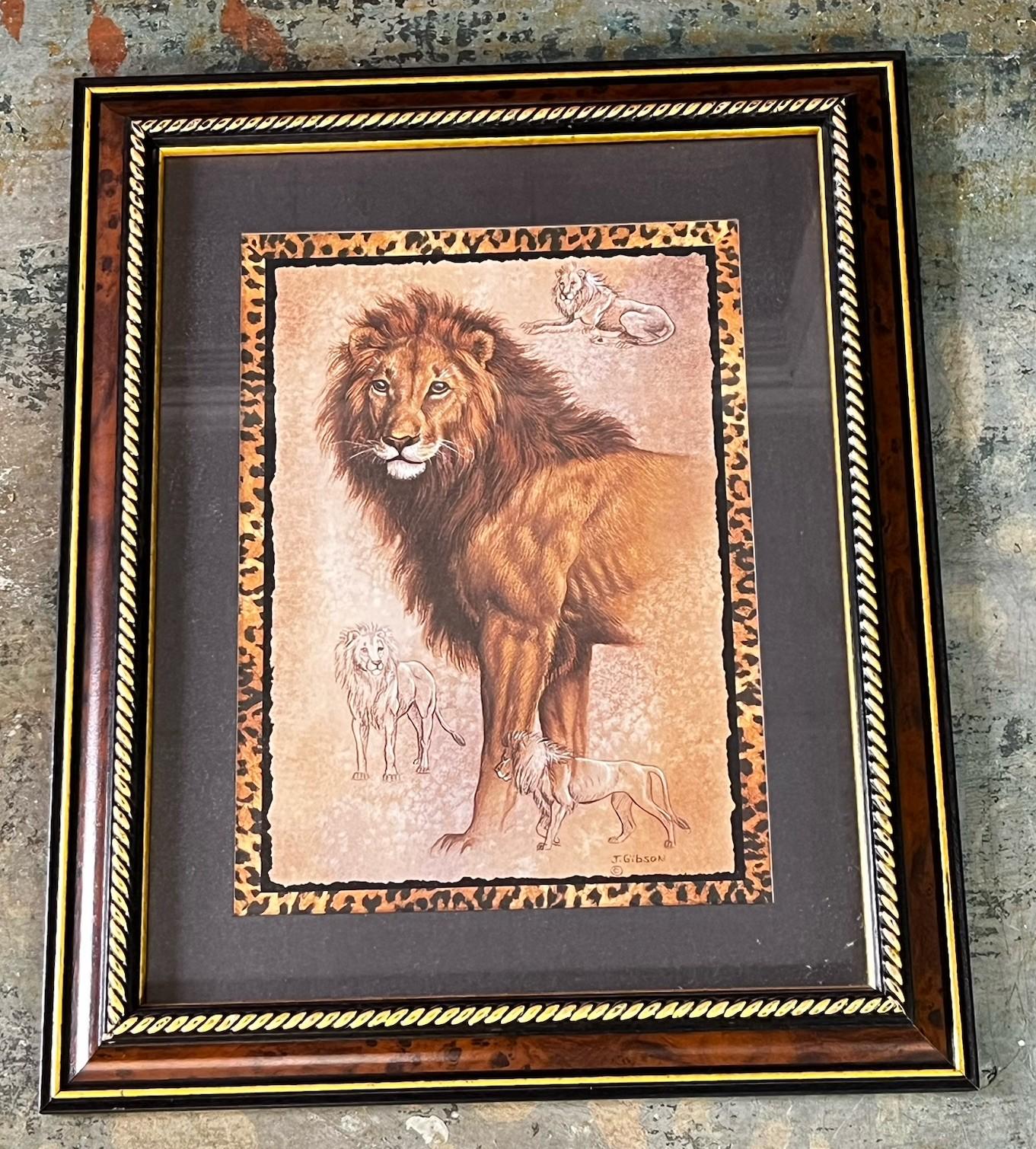 VTG 1980s Lion Wildlife Print J Gibson Safari Animals Wall Art