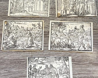 Lot Antique Style Woodcut Prints Biblical Scenes Book Pages 16th C Double Sided
