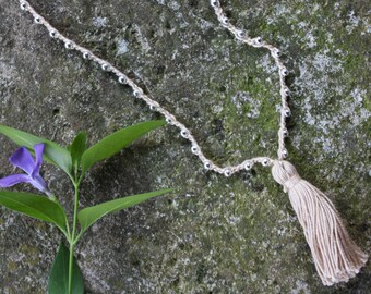 LILLA' | Beige crochet mala Boho chic necklace, long super light tassel necklace, Tassel Mala Necklace, Beaded Tassel, Boho Tassel