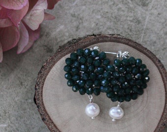 MINI Dalia | Dark green small earrings with white fresh pearls, Boho chic hand made embroided crystal beads earrings