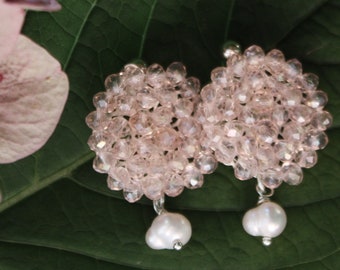 MINI Dalia | Crystal pink small earrings with white fresh pearls, Boho chic hand made embroided crystal beads earrings