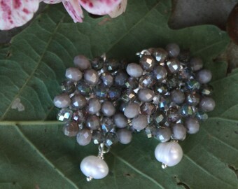 MINI Dalia | PETALI Stone irregular grey small earrings with white fresh pearls, Boho chic hand made embroided crystal beads earrings