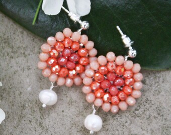 MINI Dalia | COROLLA GRAPEFRUIT gradient pink small earrings with white fresh pearls, Boho chic hand made embroided crystal beads earrings