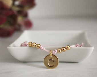 PICCOLA ORTENSIA | Personalized Girl Letter Pink Bracelet, 24k Gold Filled Engraved Initial Charm, Adjustable Kid Stamped Personalized Gift