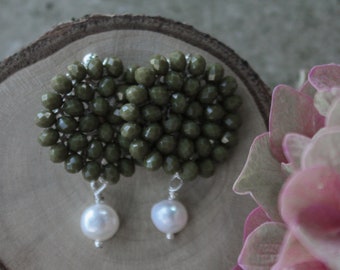 MINI Dalia | Olive green small earrings with white fresh pearls, Boho chic hand made embroided crystal beads earrings