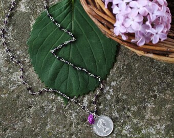 ROSARY | Long thin Rosary chain Boho chic necklace, with purple crystal beads, with charms