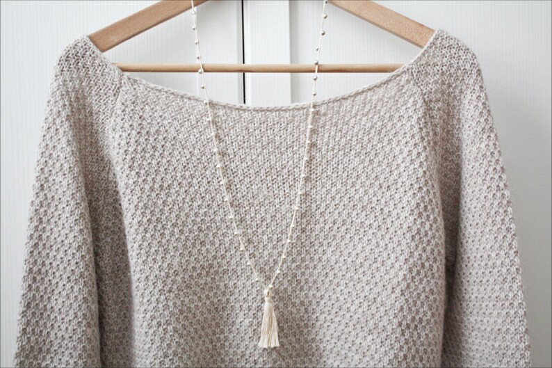 Tassel Mala Necklace Beaded Tassel Beige crochet mala Boho chic necklace Boho Tassel long super light tassel necklace LILLA/'