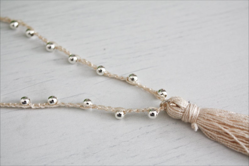 Tassel Mala Necklace Beaded Tassel Beige crochet mala Boho chic necklace Boho Tassel long super light tassel necklace LILLA/'