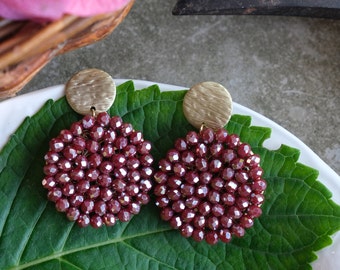 DALIA | Raspberry round earrings, chic hand made embroided crystal beads earrings, matte gold plated stud