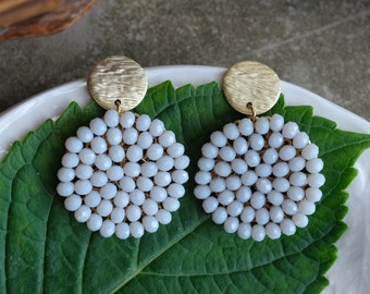 DALIA | Light grey round earrings, chic hand made embroided crystal beads earrings, matte gold plated stud