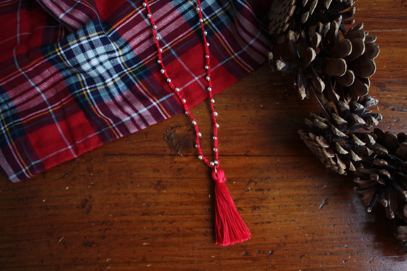 Red crochet mala Boho chic necklace Tassel Mala Boho Tassel Christmas necklace long super light tassel necklace LILLA/'
