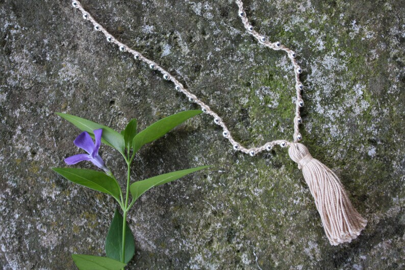 Tassel Mala Necklace Beaded Tassel Beige crochet mala Boho chic necklace Boho Tassel long super light tassel necklace LILLA/'