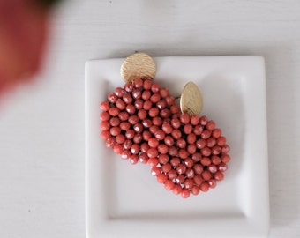 DALIA | Coral round earrings, chic hand made embroided crystal beads earrings, matte gold plated stud