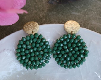 DALIA | Green round earrings, chic hand made embroided crystal beads earrings, matte gold plated stud