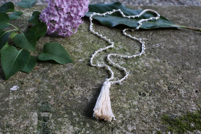 Tassel Mala Necklace Beaded Tassel Beige crochet mala Boho chic necklace Boho Tassel long super light tassel necklace LILLA/'