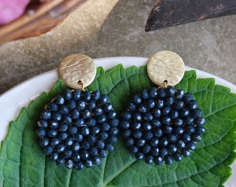 DALIA | Blueberry round earrings, chic hand made embroided crystal beads earrings, matte gold plated stud