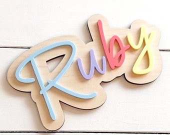 Personalised Wooden Double Layered Name Wood Sign Acrylic Children’s Door Plaque Nursery Playroom Kids Rainbow Decor Toybox