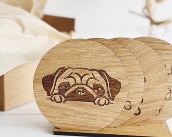 Pug Coaster Wooden Gift Set or Individual Oak Home Dog