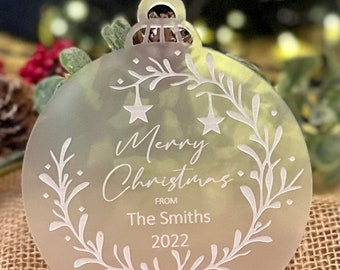 Family Christmas Wreath Decoration Personalised Frosted Acrylic Tree Xmas 2023 Name Home Secret Santa Keepsake Bauble Card Alternative