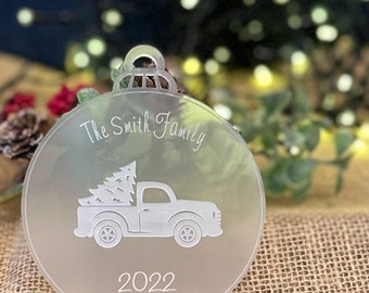 Family Christmas Truck Decoration Personalised Frosted Acrylic Tree Xmas 2023 Name Home Secret Santa Keepsake Bauble Card Alternative
