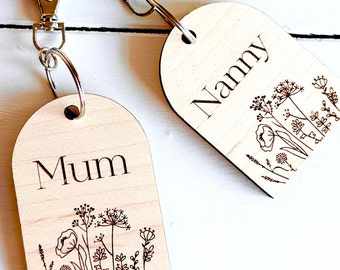 Wildflower Wooden Keyring Mother’s Day Gift Wood Personalised Grandma Mum Birthday