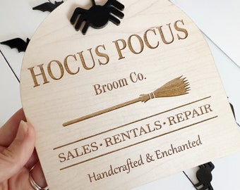 Wooden Halloween Hocus Pocus Broom Co Sign with stand Autumn Decor