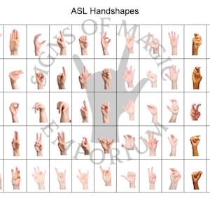 Puede incluir: Una cuadrícula de gestos con las manos que representan las formas de las manos del lenguaje de signos americano (ASL). Cada mano está colocada sobre un fondo blanco, demostrando varios signos. El título "ASL Handshapes" está en la parte superior.