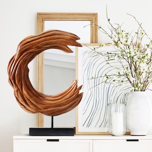 Teak Sculpture Oceanic Decoration with Base, Handmade Ornaments Decor for Home