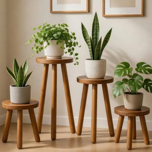 May include: Four wooden plant stands of varying heights, each supporting a potted plant. The plants include a snake plant, a trailing plant, and a Monstera. The stands are made of light brown wood and have three legs.