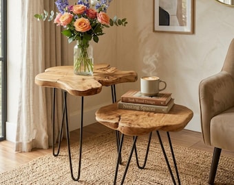 Handmade Cedar Side Table | Live Edge Wood, Black Metal Legs (Rustic Plant Stand)