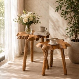 May include: Two wooden side tables with organic, freeform tops and three angled legs. A vase of white flowers and a stack of books sit on one table. A cup and saucer and a mug are on the tables. The tables are in a room with a window and a potted plant.