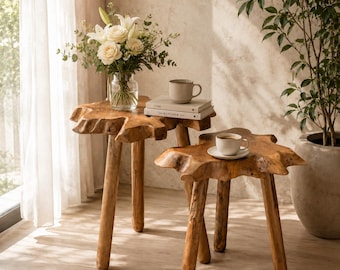 Handmade Live Edge Teak Side Table,  Natural Edge Plant Stand, Rustic Accent Stool