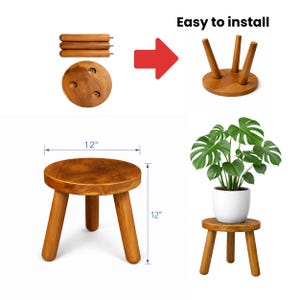 May include: A wooden plant stand with a round top and three legs. The stand is 12 inches in diameter and 12 inches tall. The image shows the stand assembled and disassembled, with the text "Easy to install".